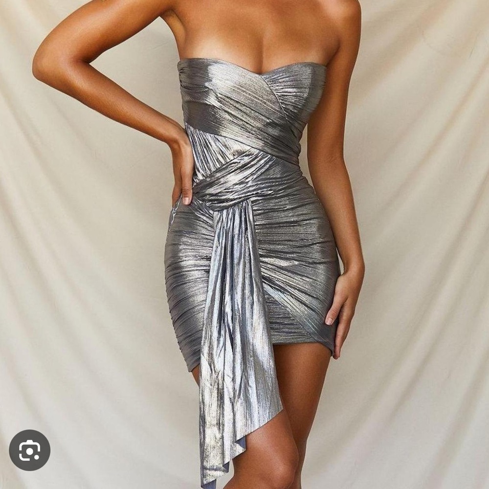 House Of CB Alessia silver metallic strapless dress